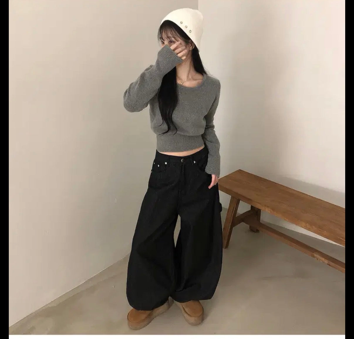 [韓國彎刀] 寬鬆 十字架 牛仔褲