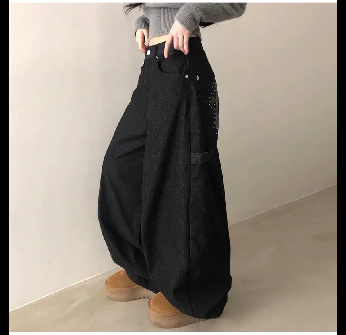 [韓國彎刀] 寬鬆 十字架 牛仔褲