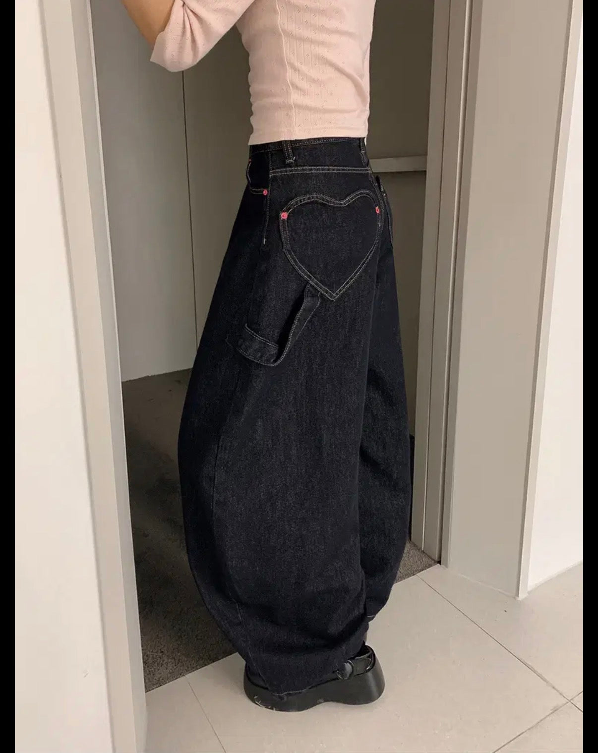 [韓國彎刀] 心型褲袋 牛仔褲